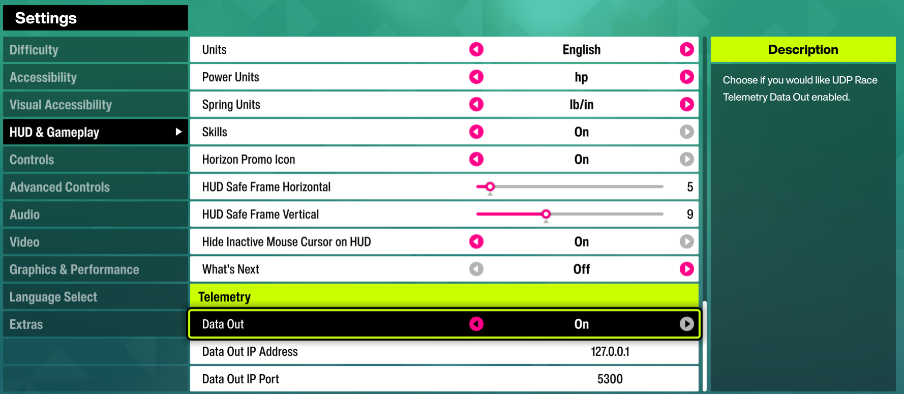 Forza Horizon 6 Data Out settings screen showing the IP address and port fields