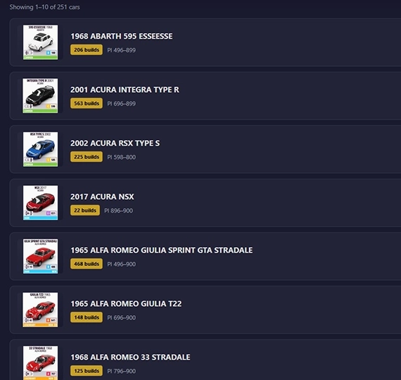 Browse premium cars in ForzaLabs showing filterable list of FH5 vehicles with upgrade builds available