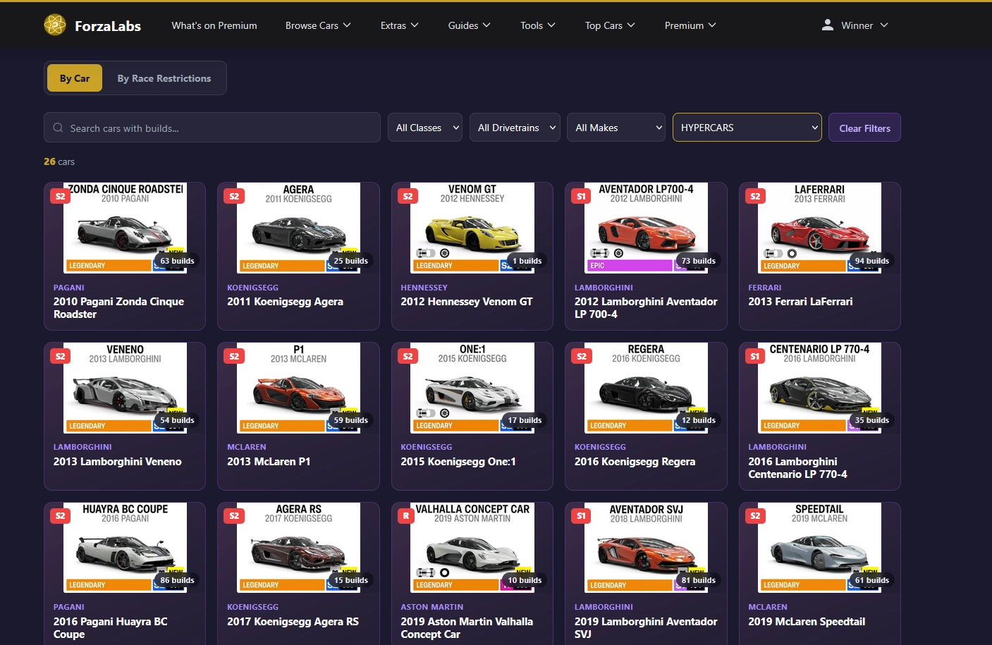 Car Build Recommender By Car view: a grid of car tiles filtered to 26 hypercars — Pagani Zonda Cinque Roadster, Koenigsegg Agera, Hennessey Venom GT and more — each showing rarity, PI class, and the number of builds catalogued