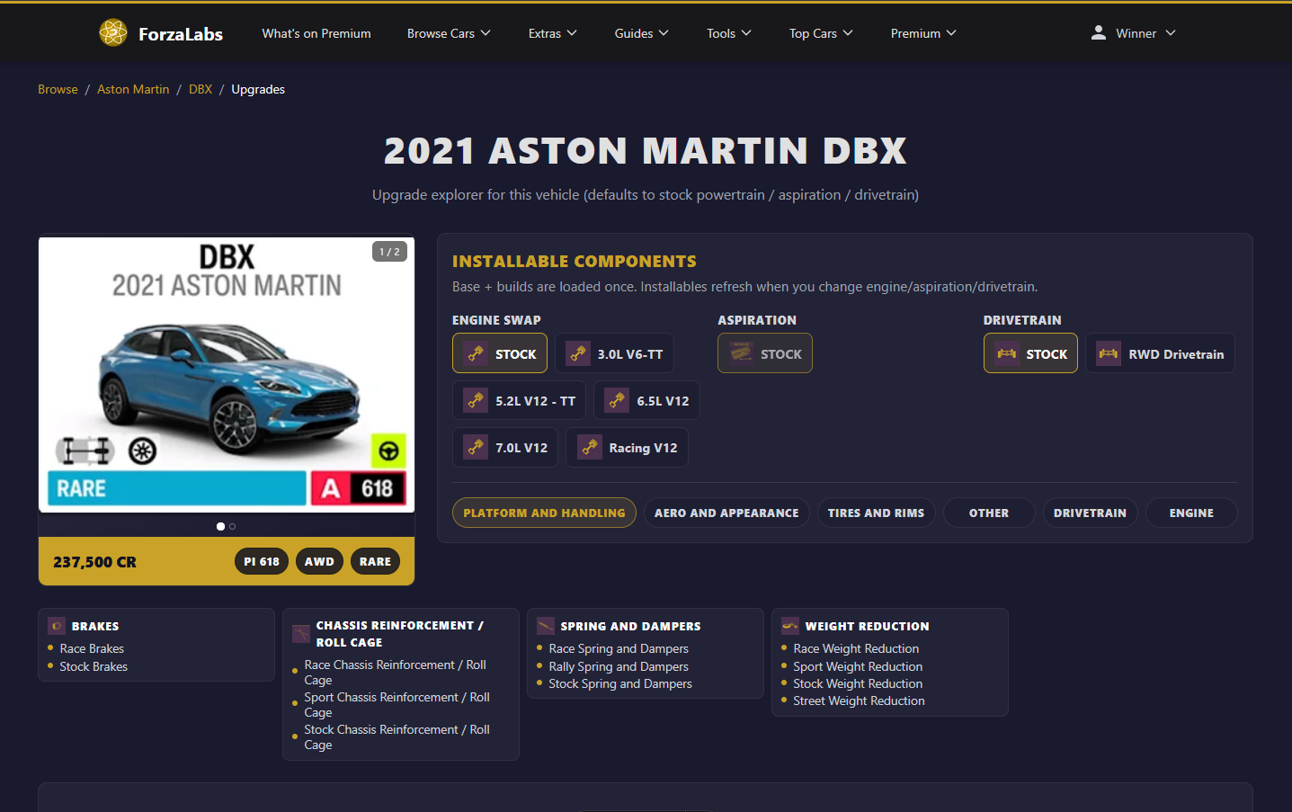 Recommended Forza Horizon 6 build showing the exact upgrades to apply, grouped by engine, platform, drivetrain, tires and more