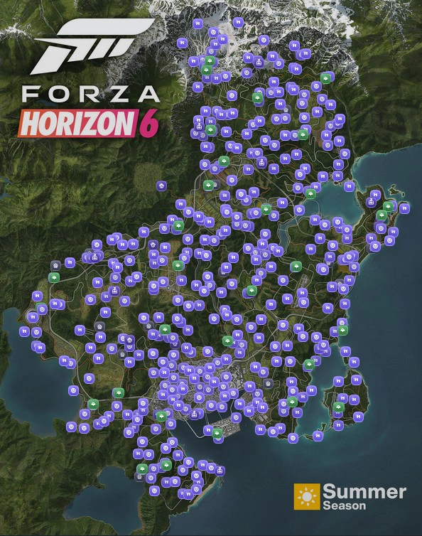 Forza Horizon 6 interactive map showing all 467 Discovery achievement locations pinned across the Japan map