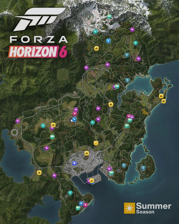 Forza Horizon 6 interactive map showing categorized markers for stories, races, PR stunts, in-world events, car meets, houses, and treasure cars
