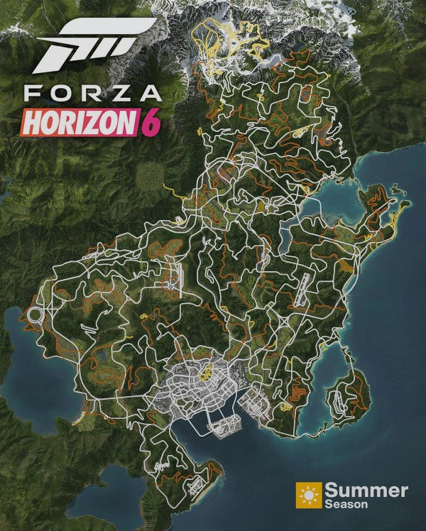 Forza Horizon 6 interactive map showing the complete road network highlighted across the entire Japan map for 100% road completion planning